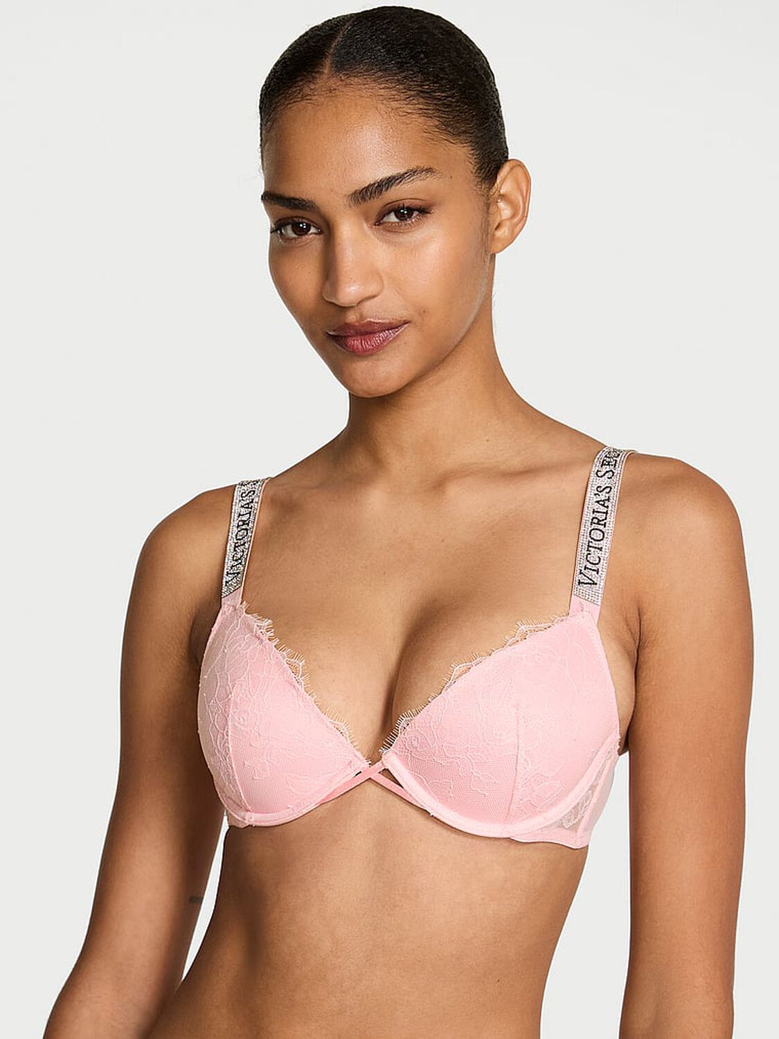 vs Very Sexy Shine Strap Rose Lace Lightly Lined Low-Cut Demi Bra Angel Pink 1 of 2 