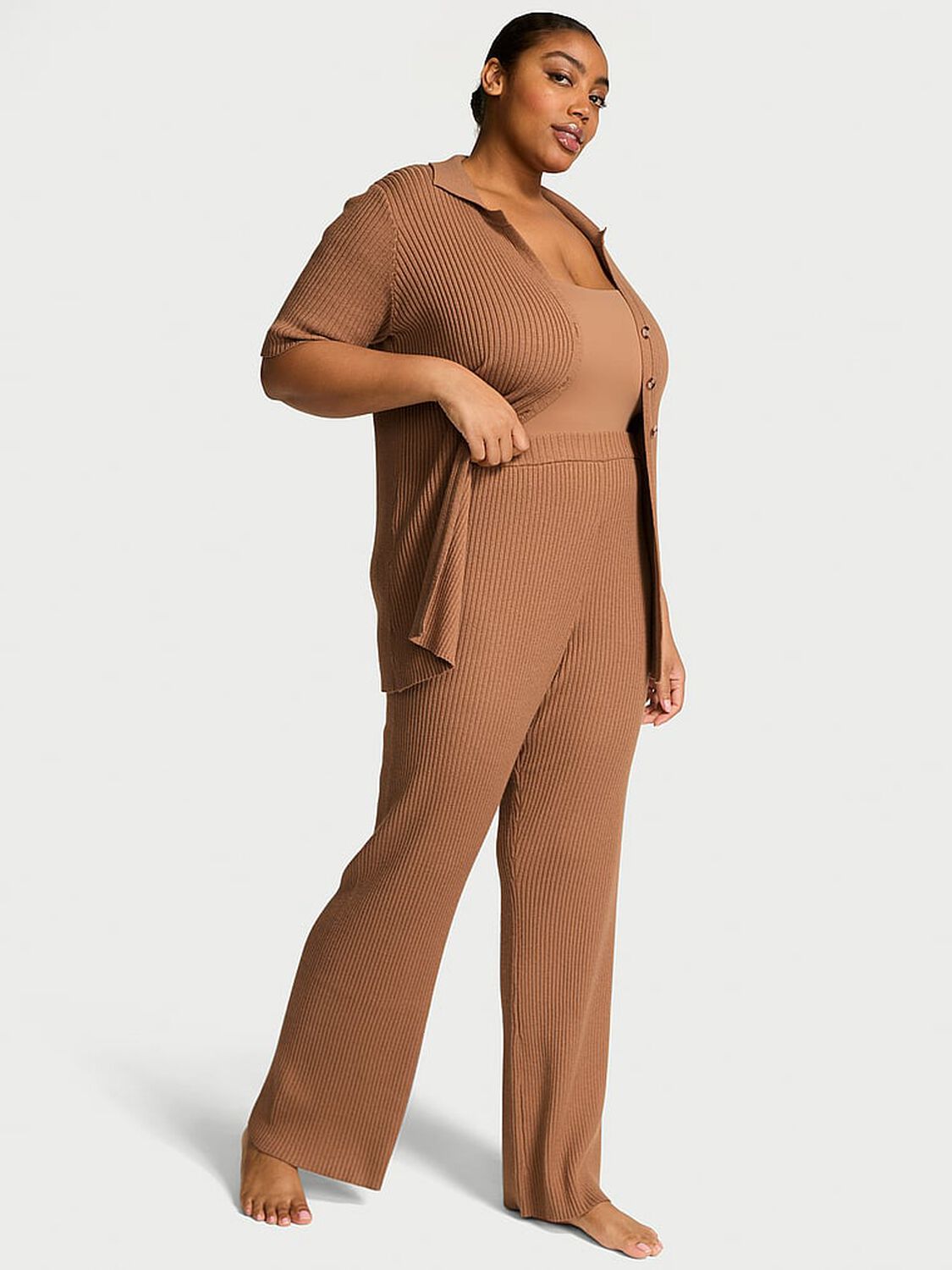 vs Victoria's Secret Luxe Ribbed Knit Flare Pants Toffee 1 of 2 