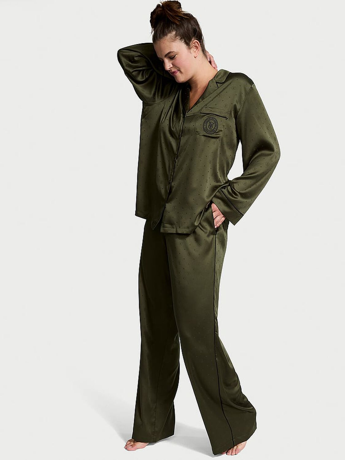 vs Victoria's Secret Satin Long Pajama Set Casual Olive 2 of 4 