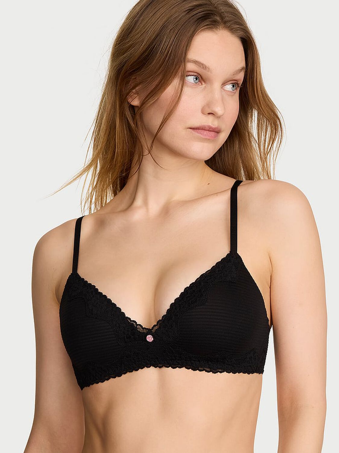 vs The T-Shirt Cotton Shadow Stripe Lace-Trim Lightly Lined Wireless Bra Black 1 of 5 