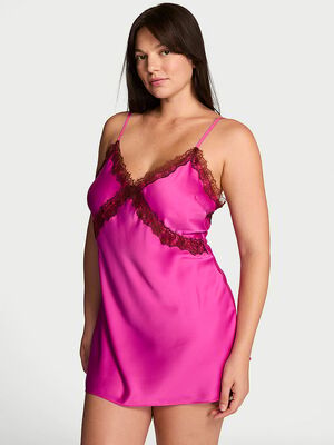 Satin Rose Lace-Trim Mini Slip Dress
