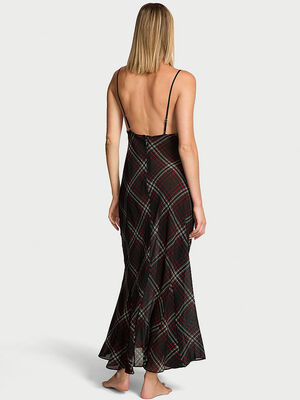 Chiffon Tartan Draped Maxi Slip Dress