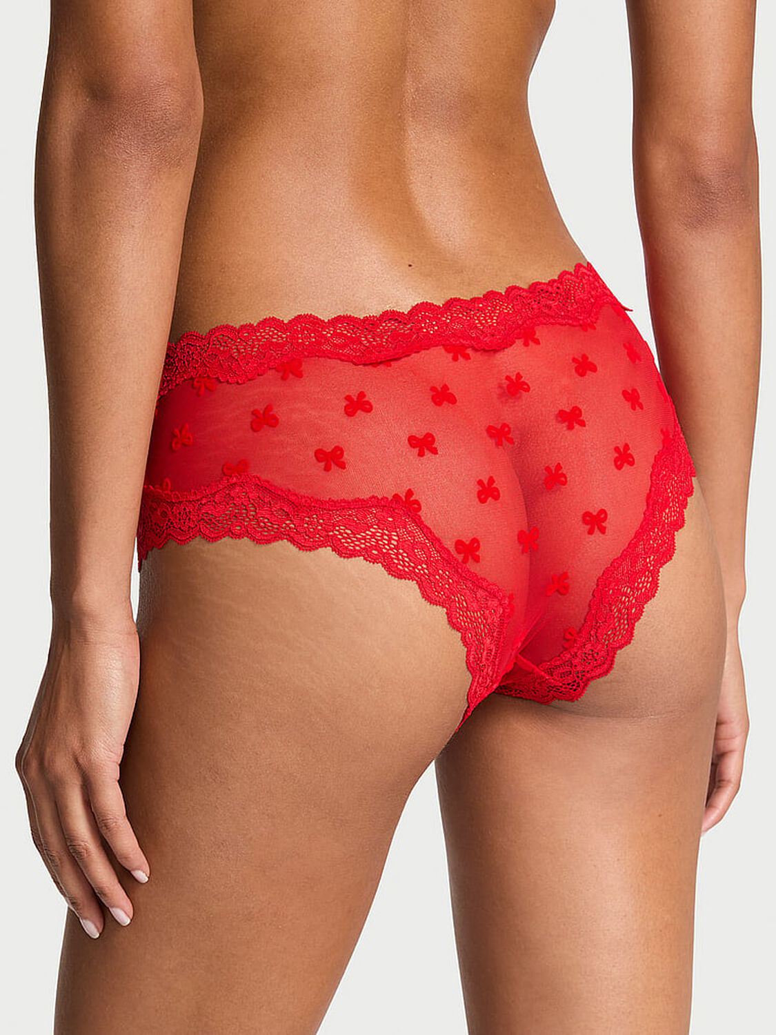 vs Victoria's Secret Tease Mesh Lace-Trim Cheeky Panty Bright Vermillion Bows 2 of 4 
