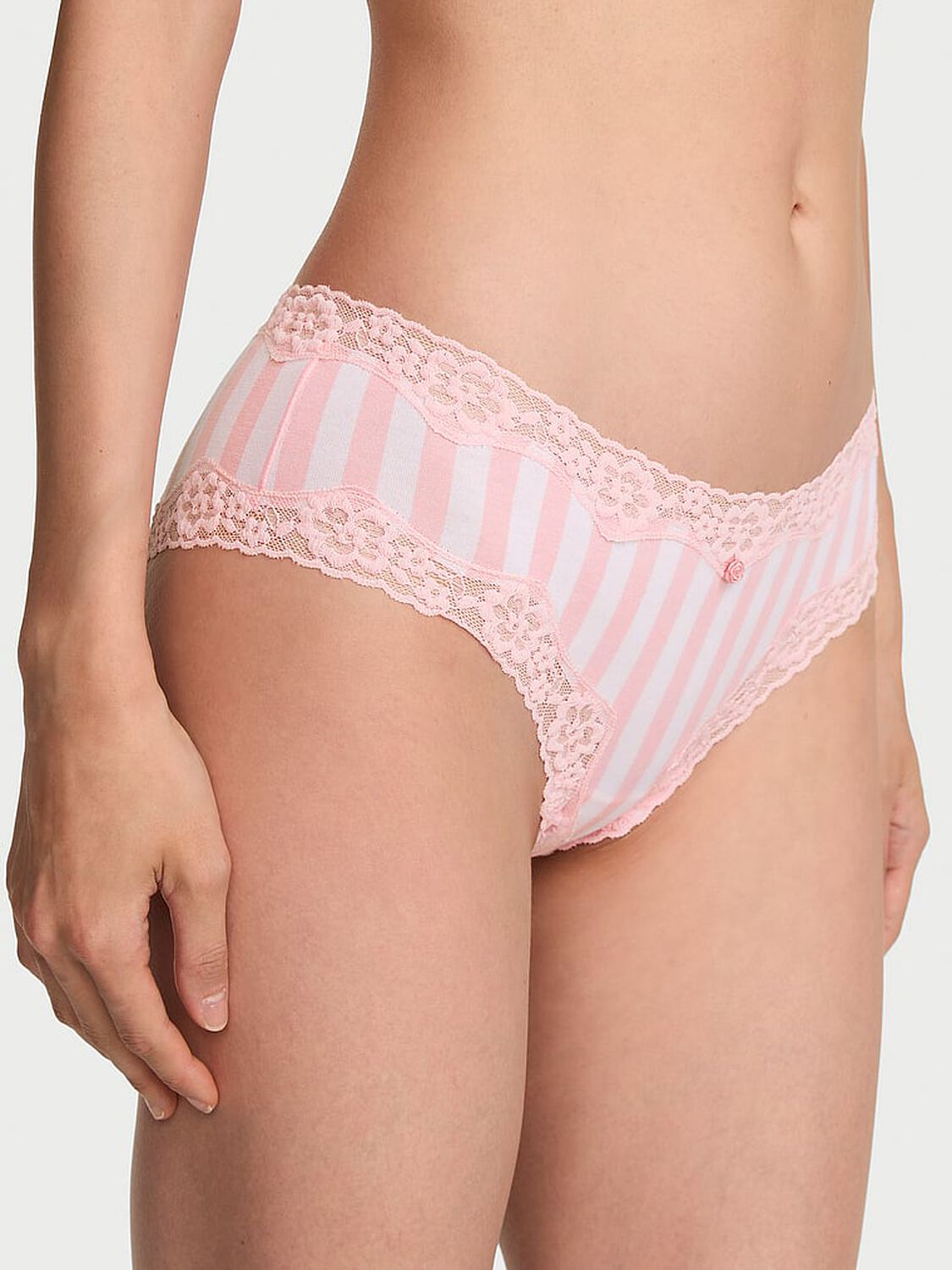 vs Lace Trim Cotton Lace-Waist Cheeky Panty Pretty Blossom Iconic Stripe 1 of 3 