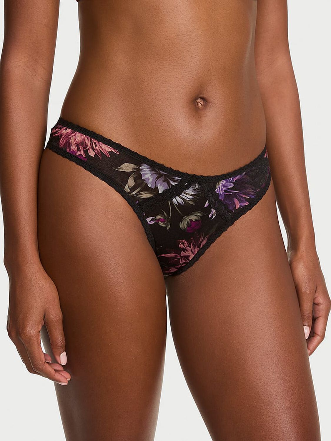 vs Dream Angels Sheer Shimmer Lace-Trim Thong Panty Dark Bloomy Floral 1 of 2 