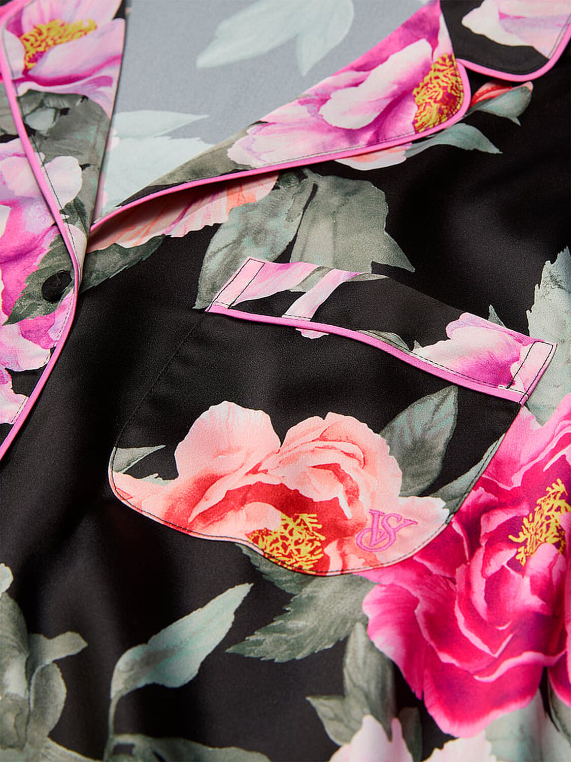 vs Victoria's Secret Glazed Satin Short Pajama Set Black Floral Bouquet 4 of 4 