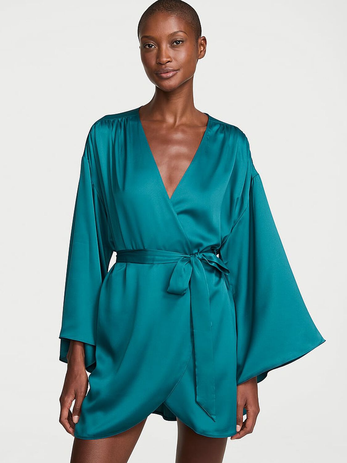 vs Victoria's Secret Satin Short Robe Aquarium Blue 1 of 3 