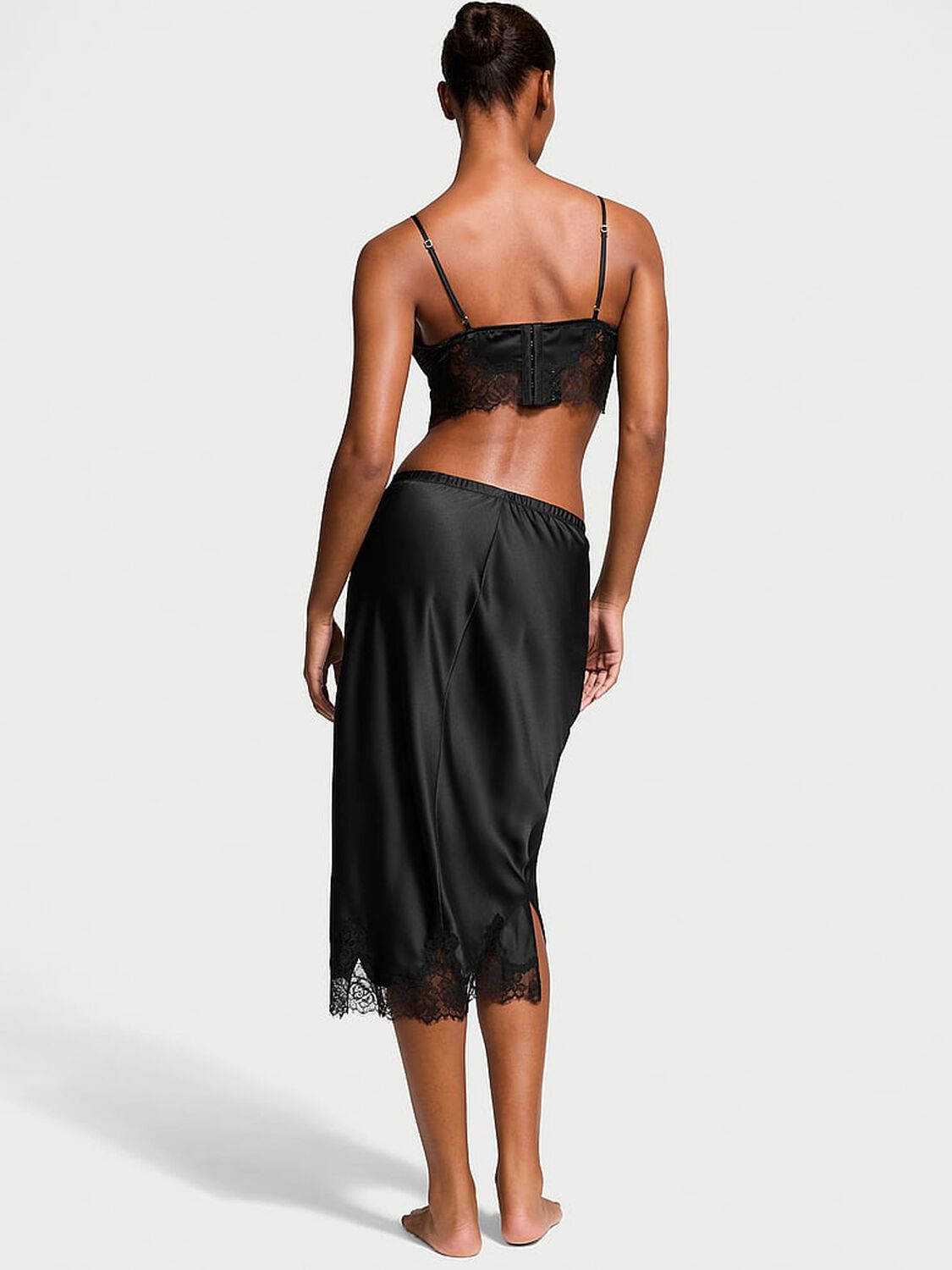 vs Victoria's Secret Satin Rose Lace-Trim Bralette & Midi Skirt Set Black 2 of 3 