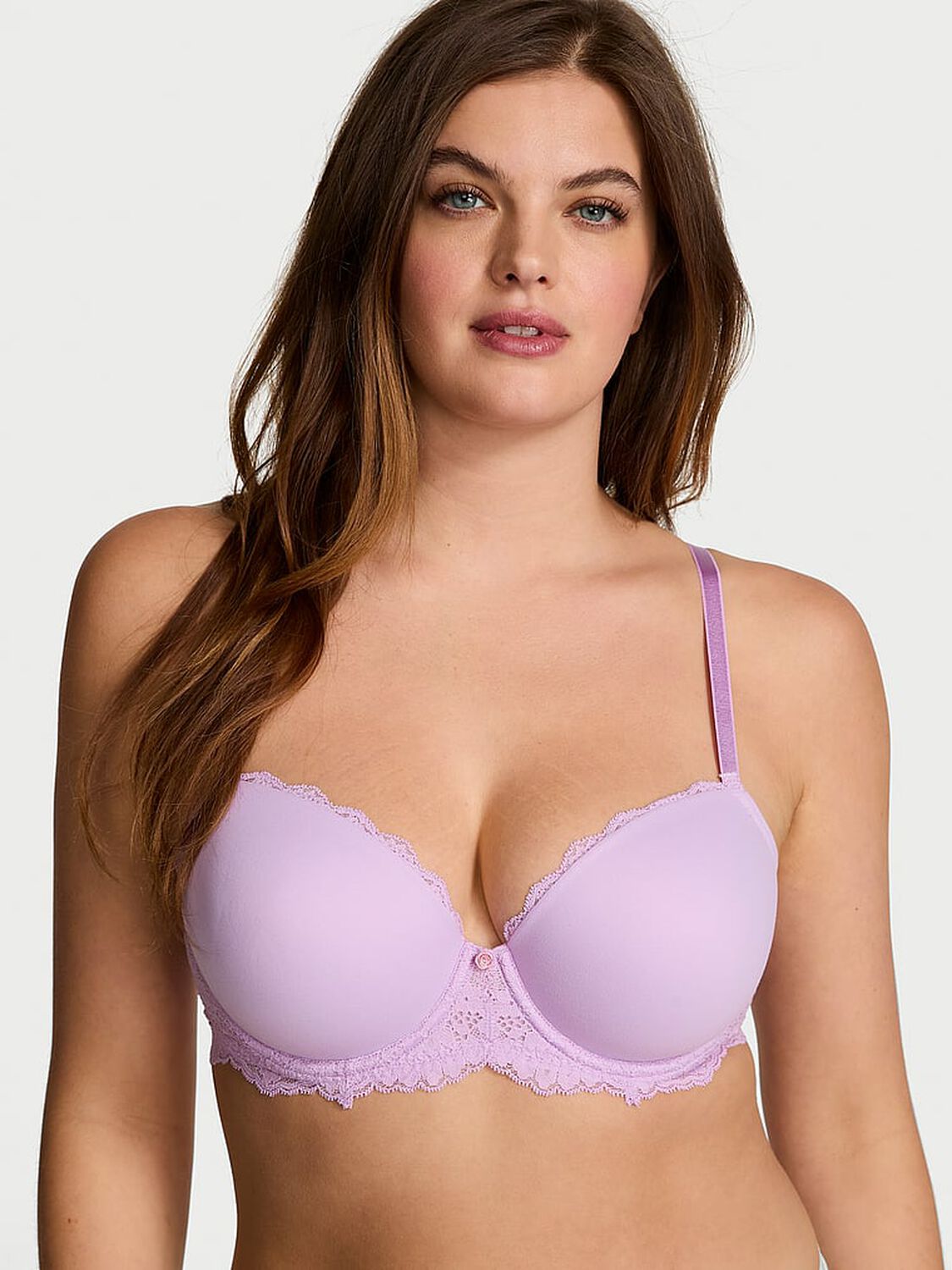vs Dream Angels Smooth & Lace Lightly Lined Classic Coverage Demi Bra Silky Lilac 1 of 3 