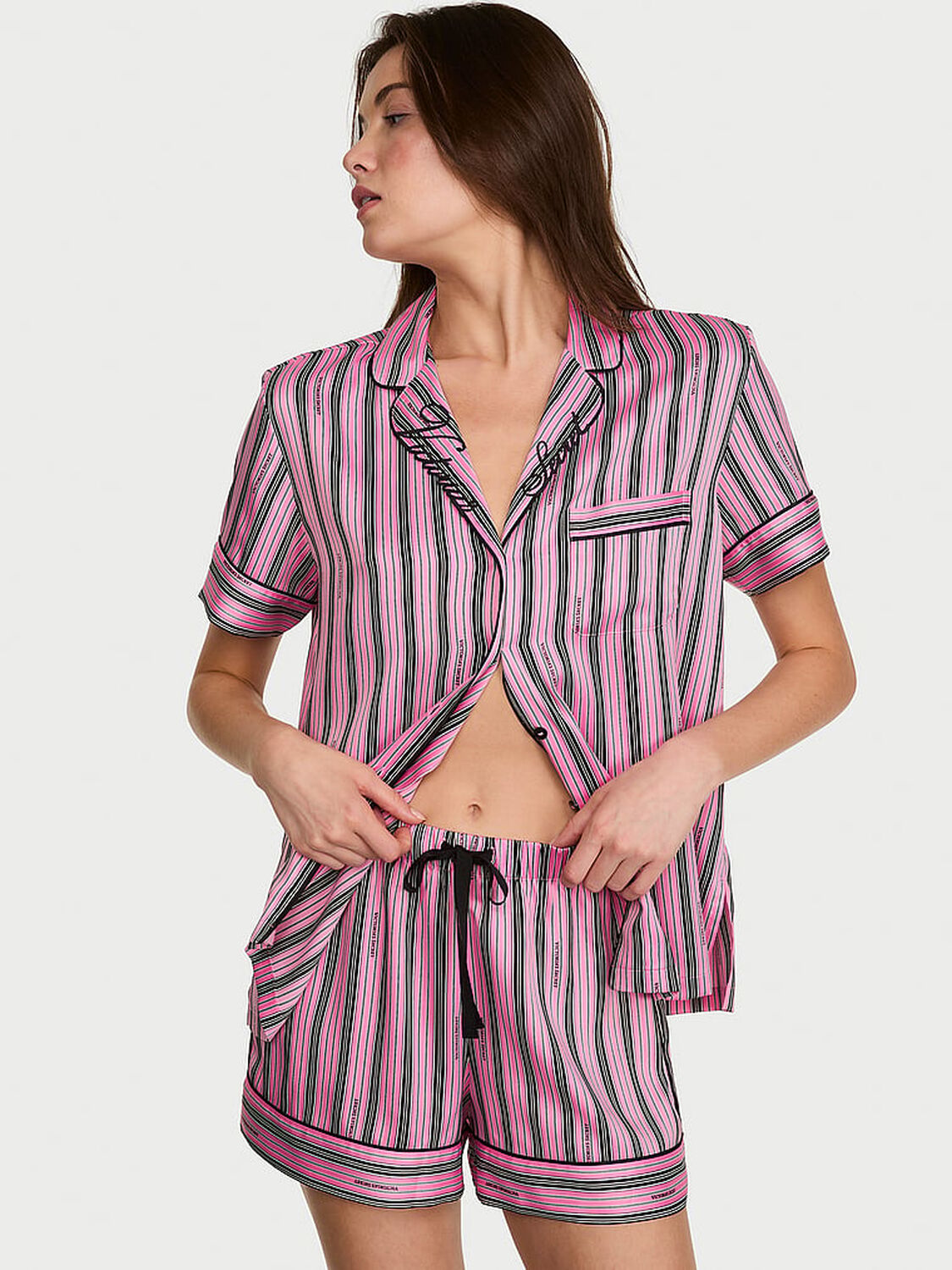 vs Victoria's Secret Signature Satin Short Pajama Set Vintage Stripe 1 of 3 