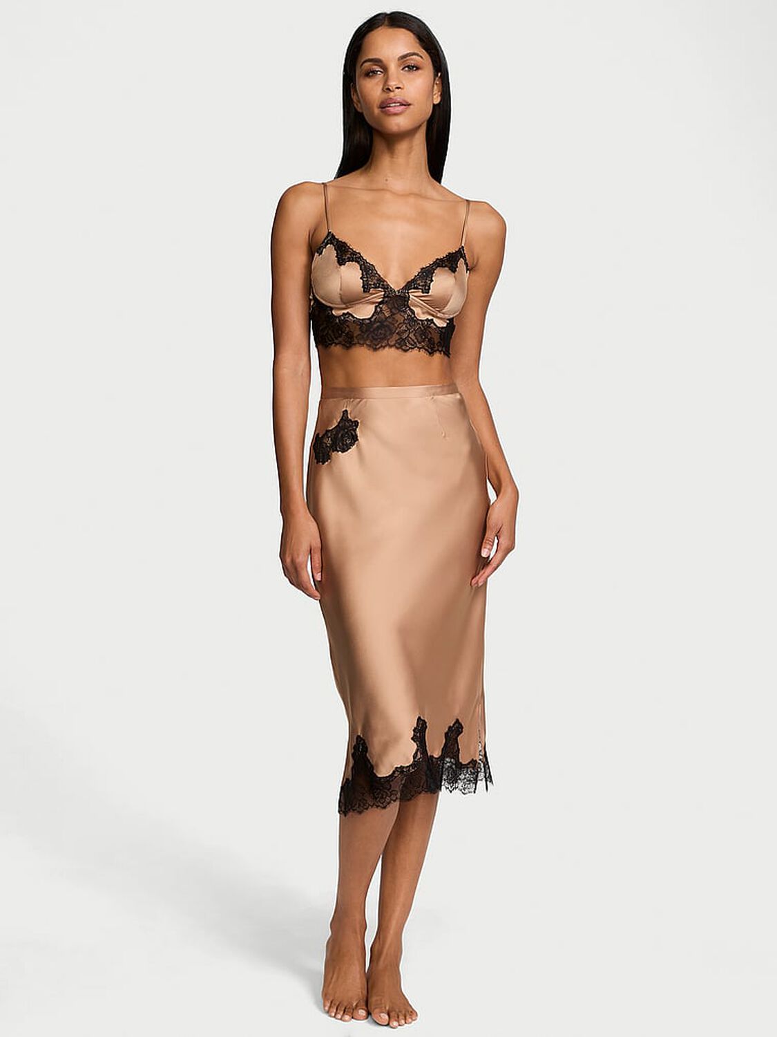 vs Victoria's Secret Satin Rose Lace-Trim Bralette & Midi Skirt Set Vintage Tan 1 of 3 