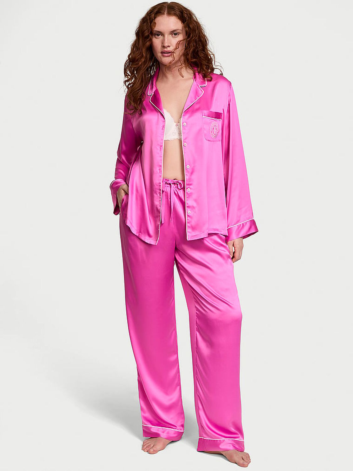 vs Victoria's Secret Glazed Satin Long Pajama Set New Peony 1 of 3 