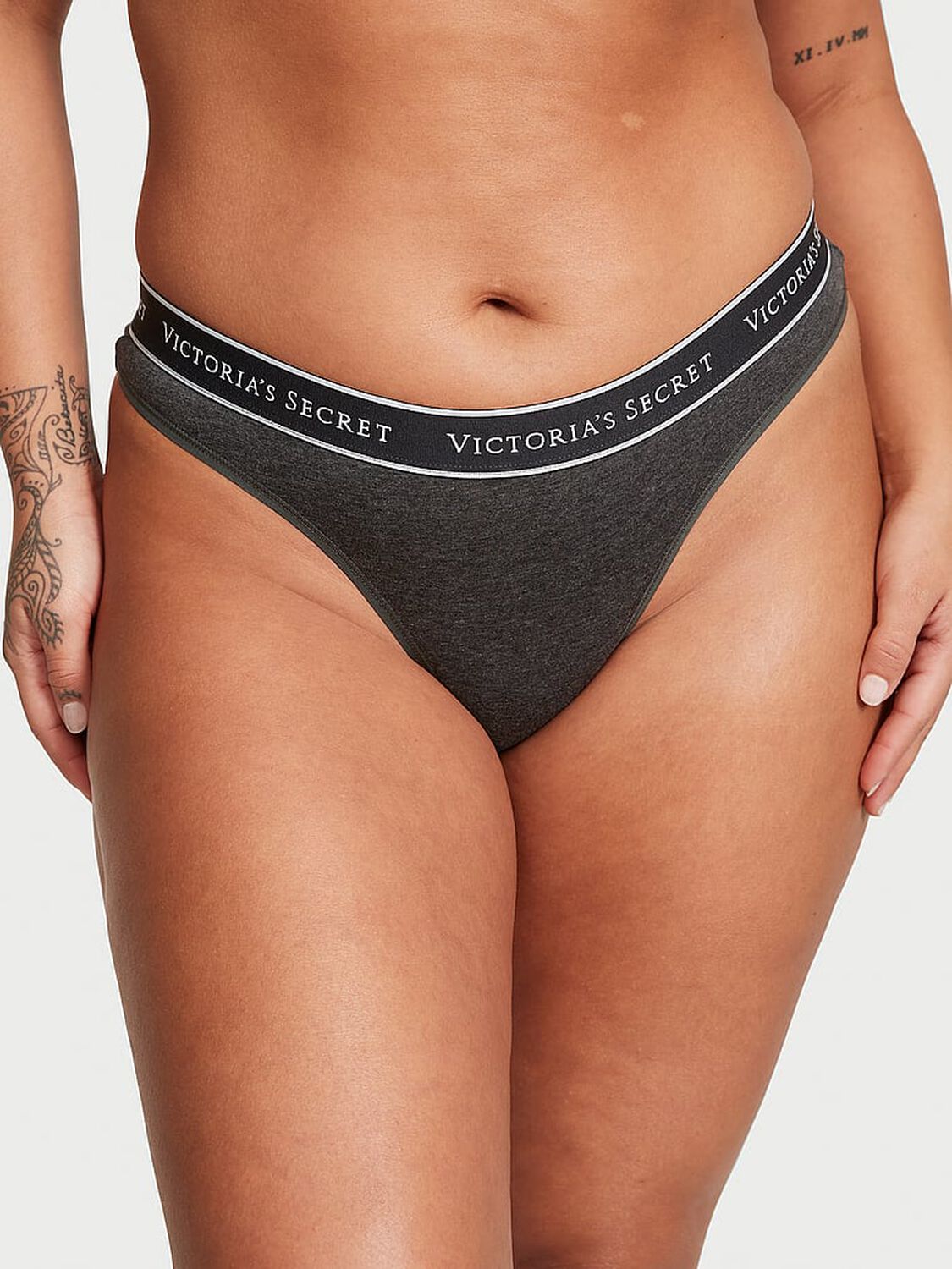 vs Cotton Logo Cotton Thong Panty Charcoal Grey 1 of 3 