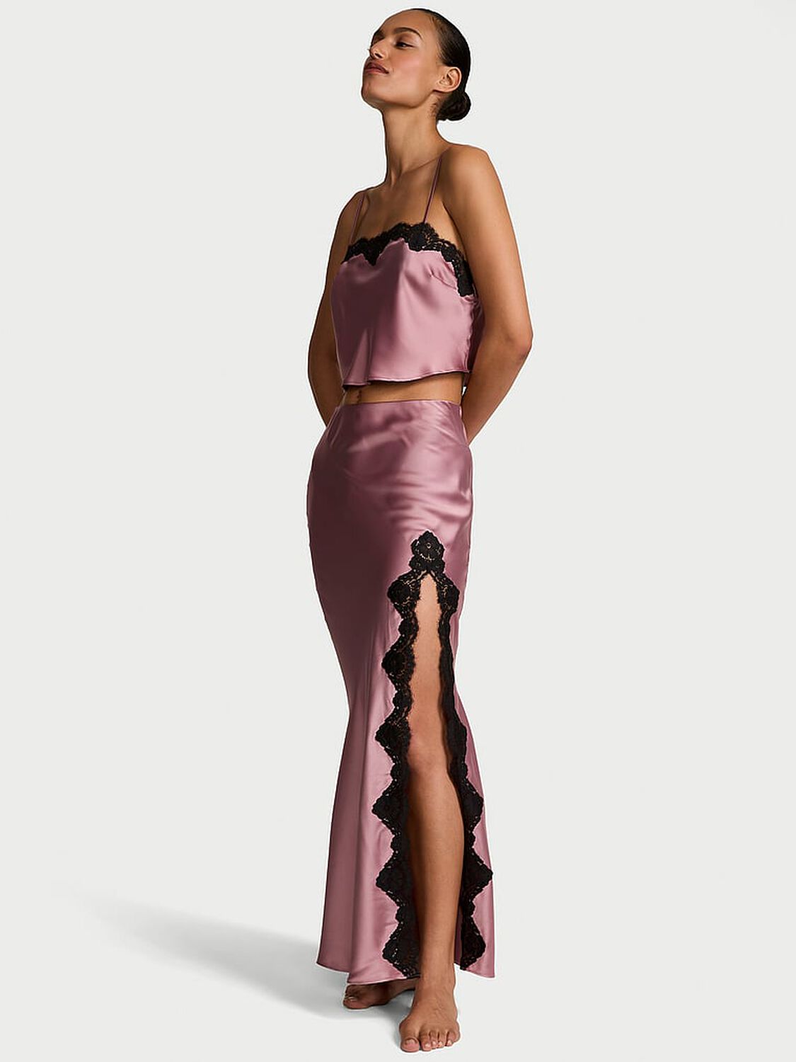 vs Dream Angels Satin Lace-Trim Cropped Top & Slip Skirt Set Nostalgia Rose 1 of 2 
