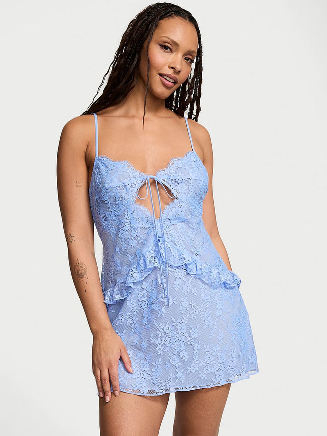 vs Victoria's Secret Dare to Dream Lace Flounce Mini Slip Cameo Blue 1 of 4 