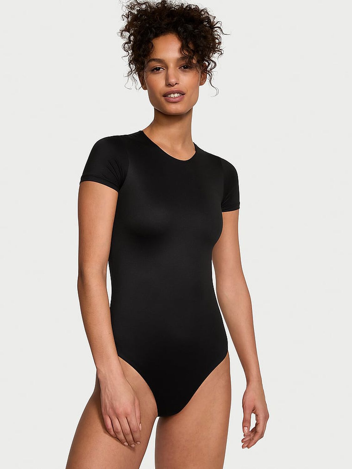 vs Victoria's Secret BODYWEAR by Victoria with FeatherSoft™ Innovation Short-Sleeve Bodysuit Black 1 of 4 