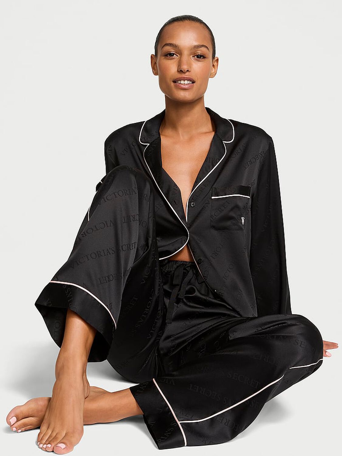 vs Victoria's Secret Glazed Satin Long Pajama Set Black 1 of 3 