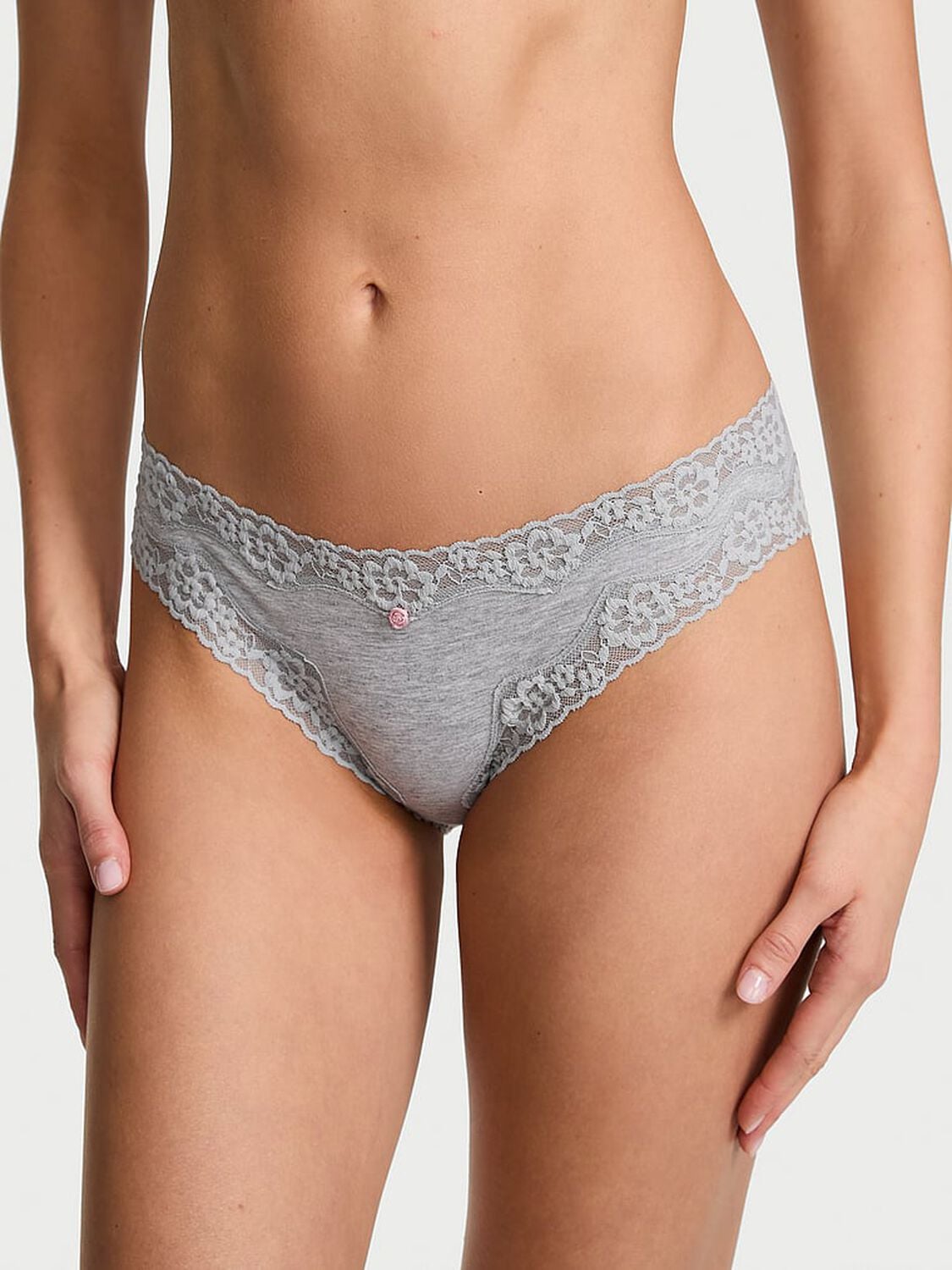 vs Lace Trim Cotton Lace-Waist Bikini Panty Medium Heather Grey 1 of 2 