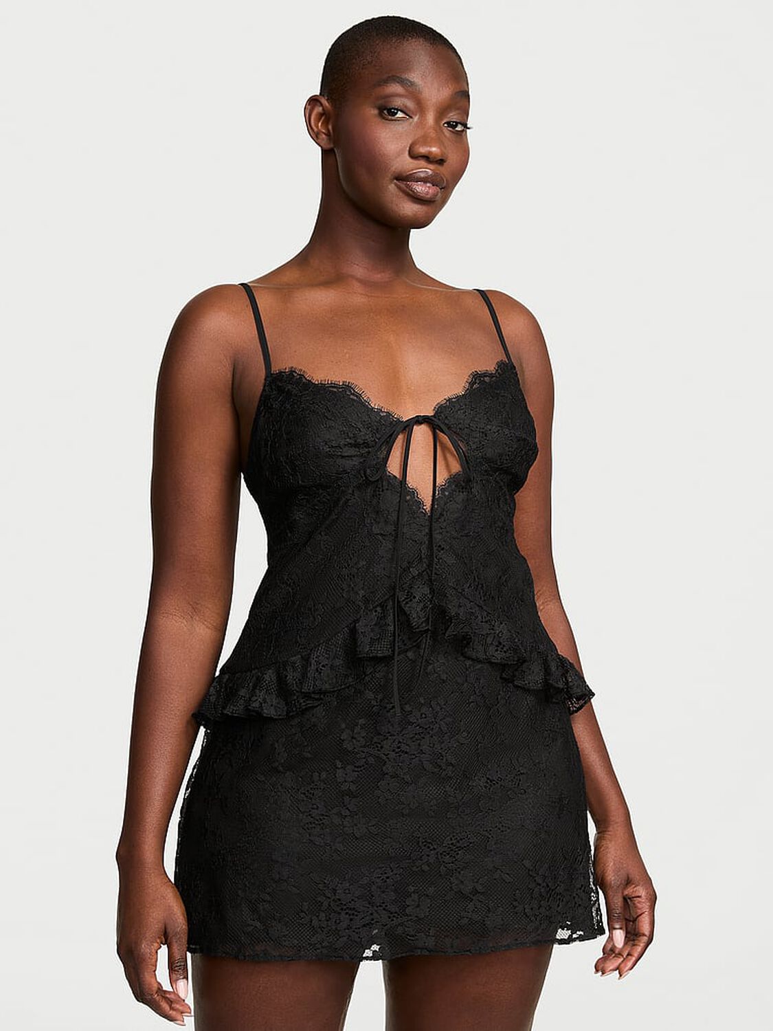 vs Victoria's Secret Dare to Dream Lace Flounce Mini Slip Jet Black 1 of 4 