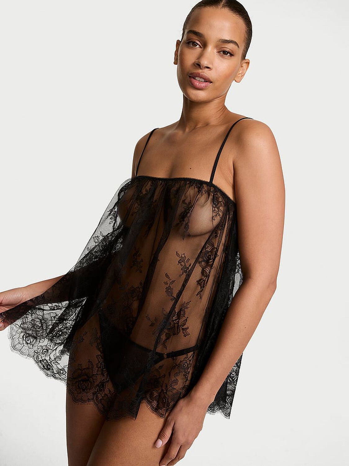 vs Very Sexy Rose Lace Straight-Neck Babydoll Set Black 1 of 4 