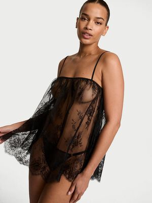 Rose Lace Straight-Neck Babydoll Set