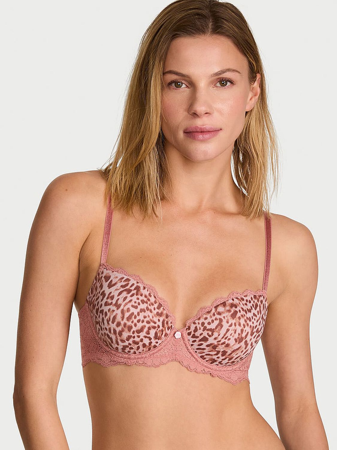 vs Dream Angels Smooth & Lace Lightly Lined Demi Bra Angel Pink Leopard 1 of 3 