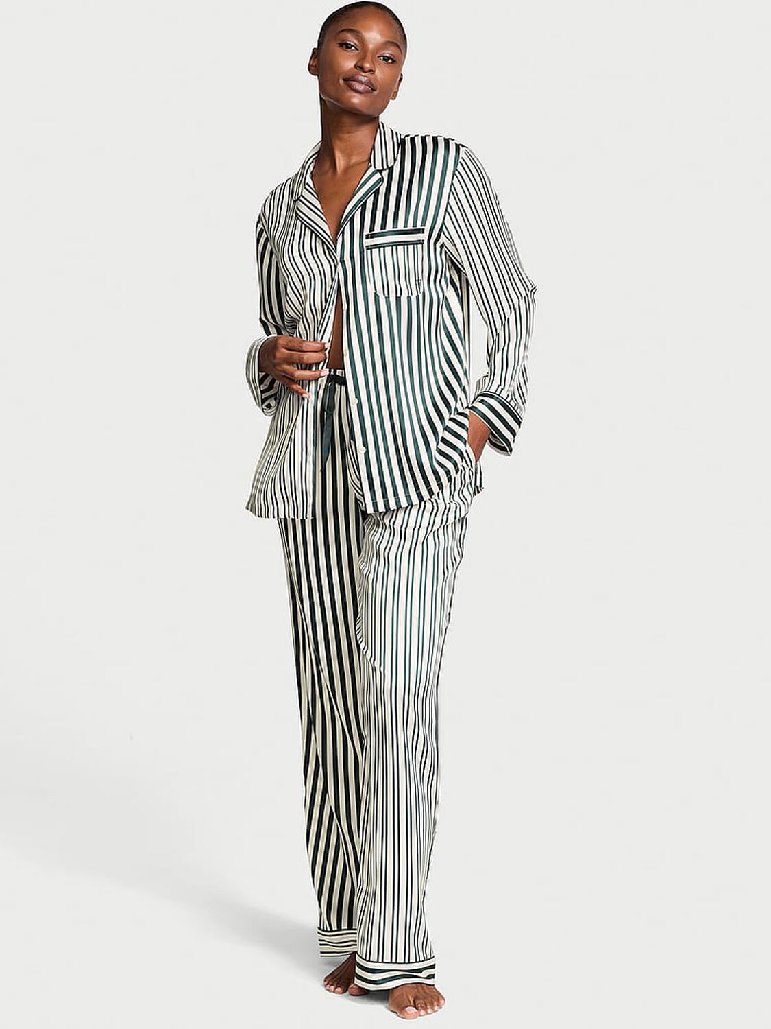 vs Victoria's Secret Glazed Satin Long Pajama Set Iconic Stripe 1 of 4 