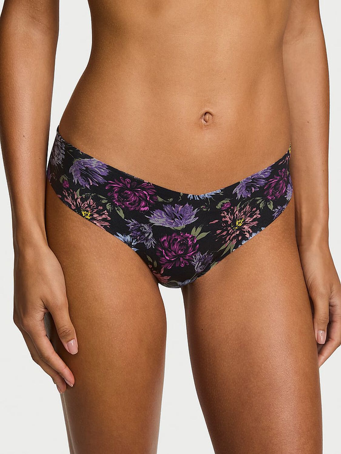 vs No-Show No-Show Thong Panty Black Ground Peonies 1 of 3 