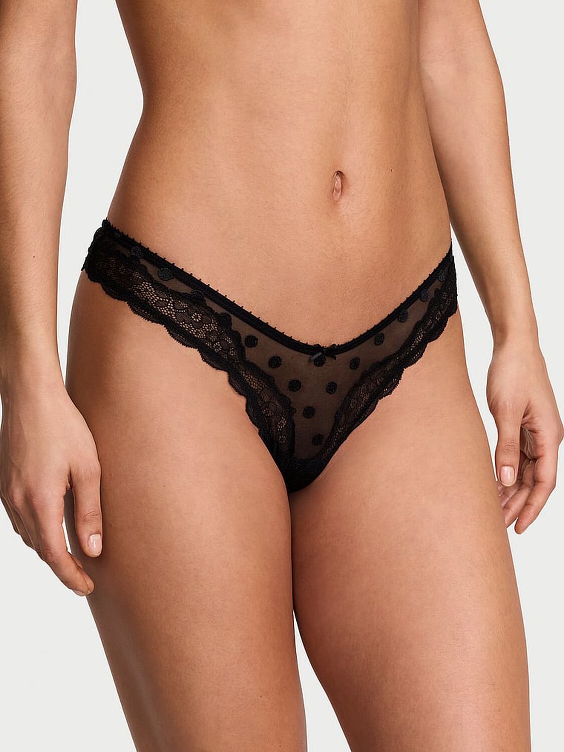 vs Victoria's Secret Tease Sheer Dot High-Leg Thong Panty Black 1 of 3 