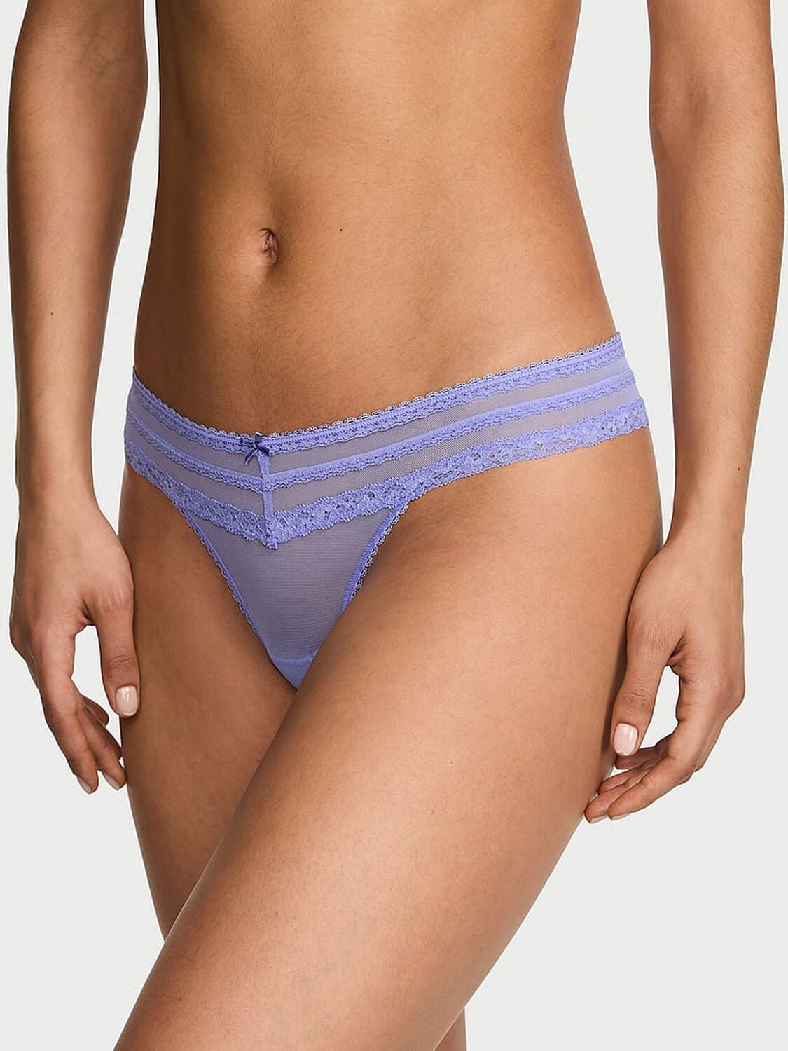 vs Dream Angels Mesh Lace-Trim Thong Panty Verywinkle 1 of 3 