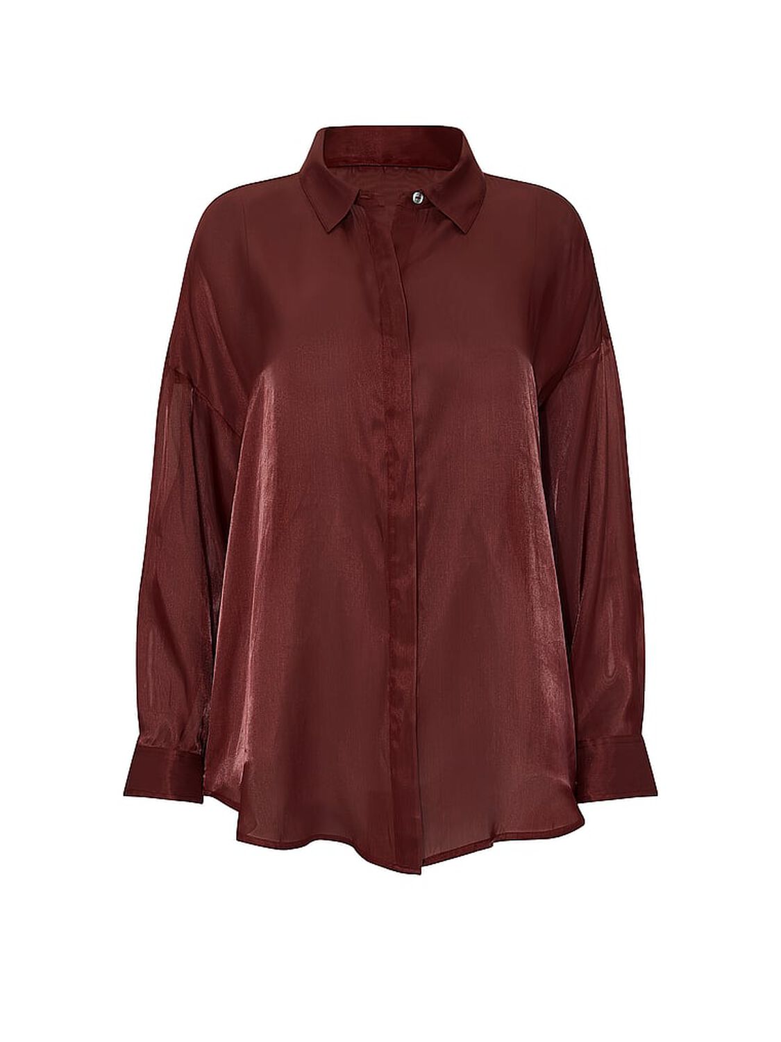 vs Victoria's Secret Luxe Sheer Satin Button-Front Shirt Cherrywood 3 of 4 