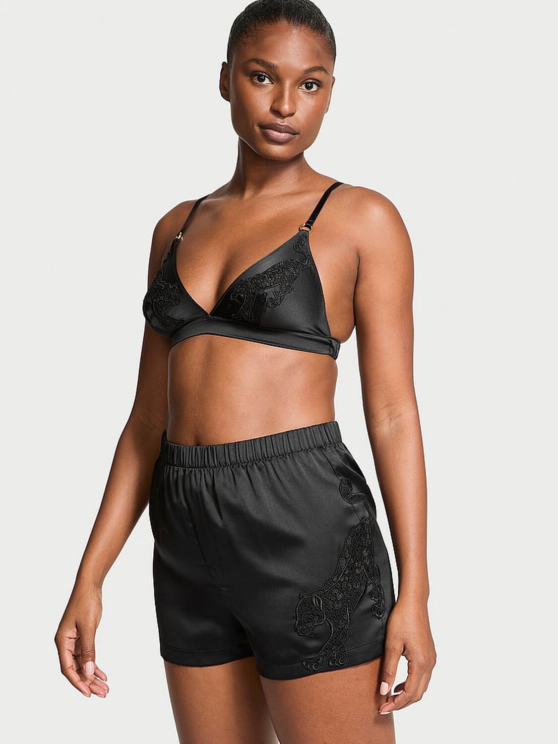 vs Victoria's Secret Jaguar Satin Triangle Bralette & Boxer Shorts Set Black 1 of 3 