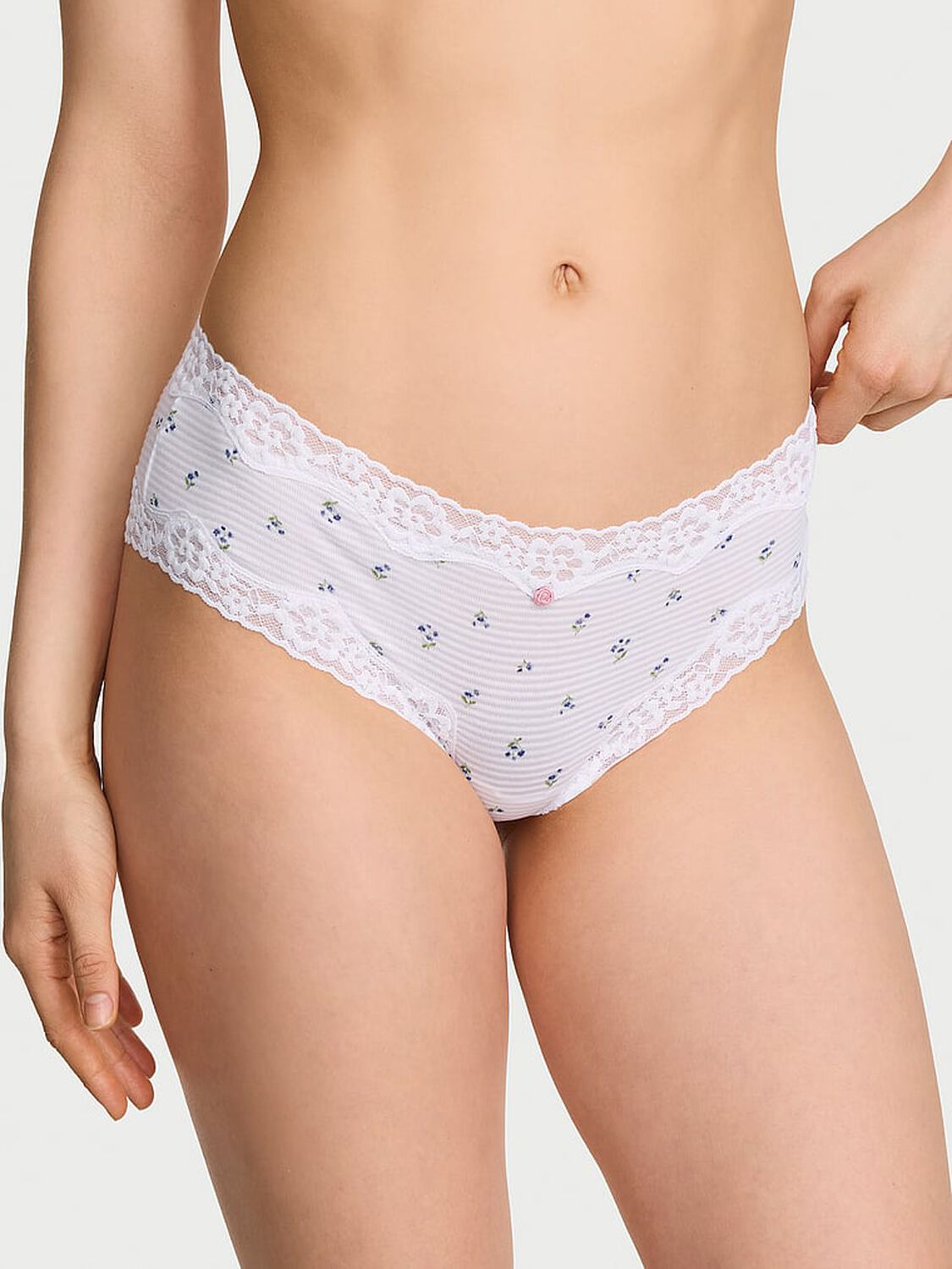 vs Lace Trim Cotton Shadow Stripe Lace-Waist Cheeky Panty White Floral 1 of 3 