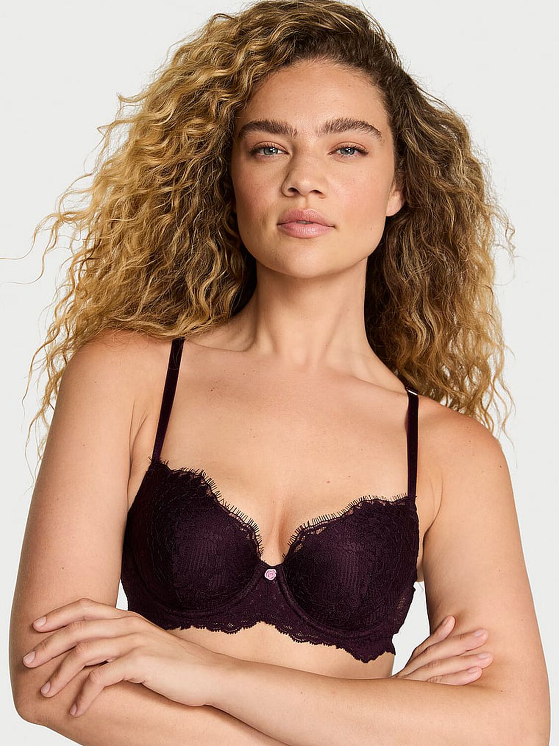 vs Dream Angels Lace Lightly Lined Classic Coverage Demi Bra Winter Wine 1 of 3 