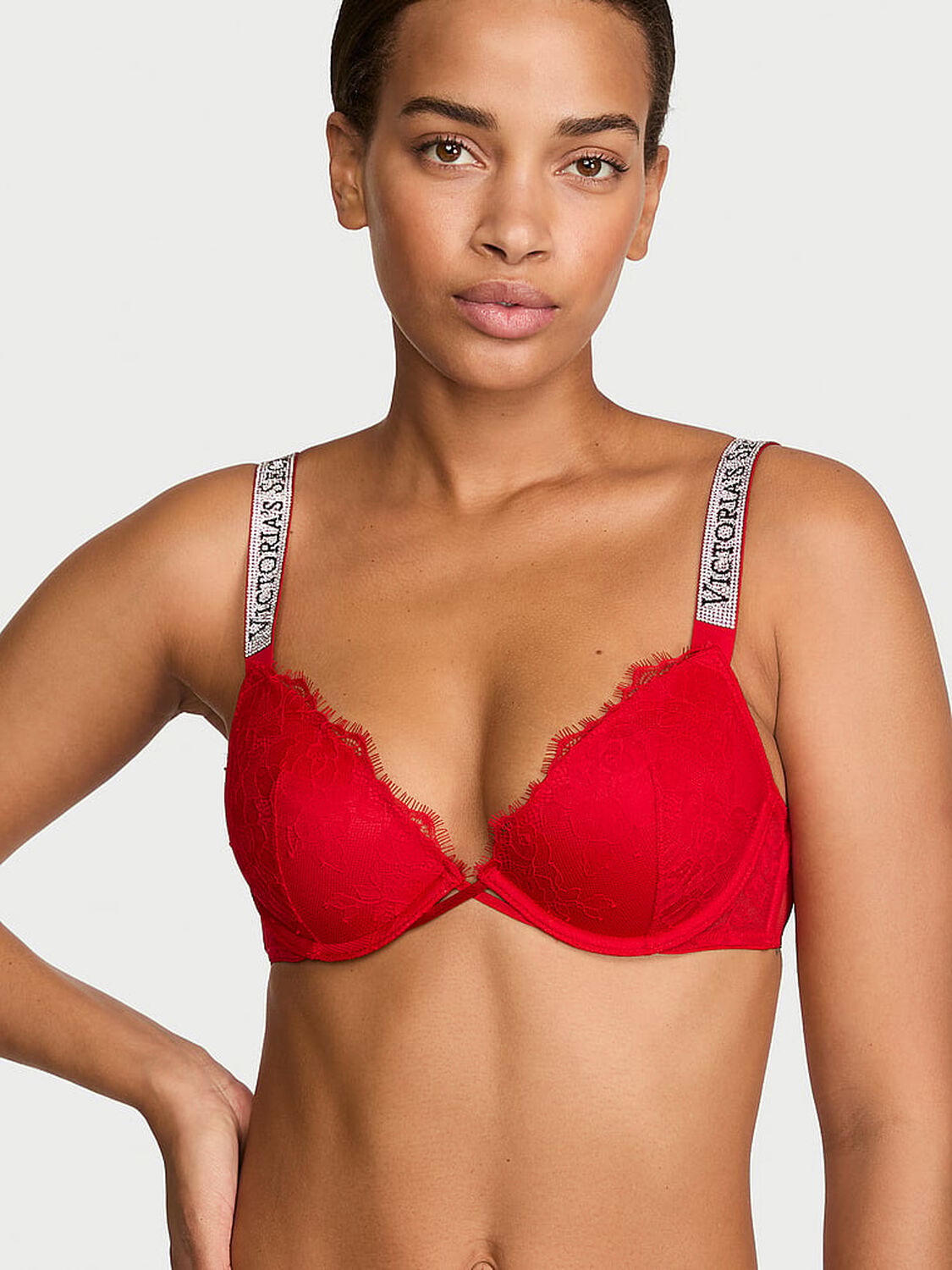 vs Very Sexy Shine Strap Rose Lace Lightly Lined Low-Cut Demi Bra Lipstick 1 of 2 