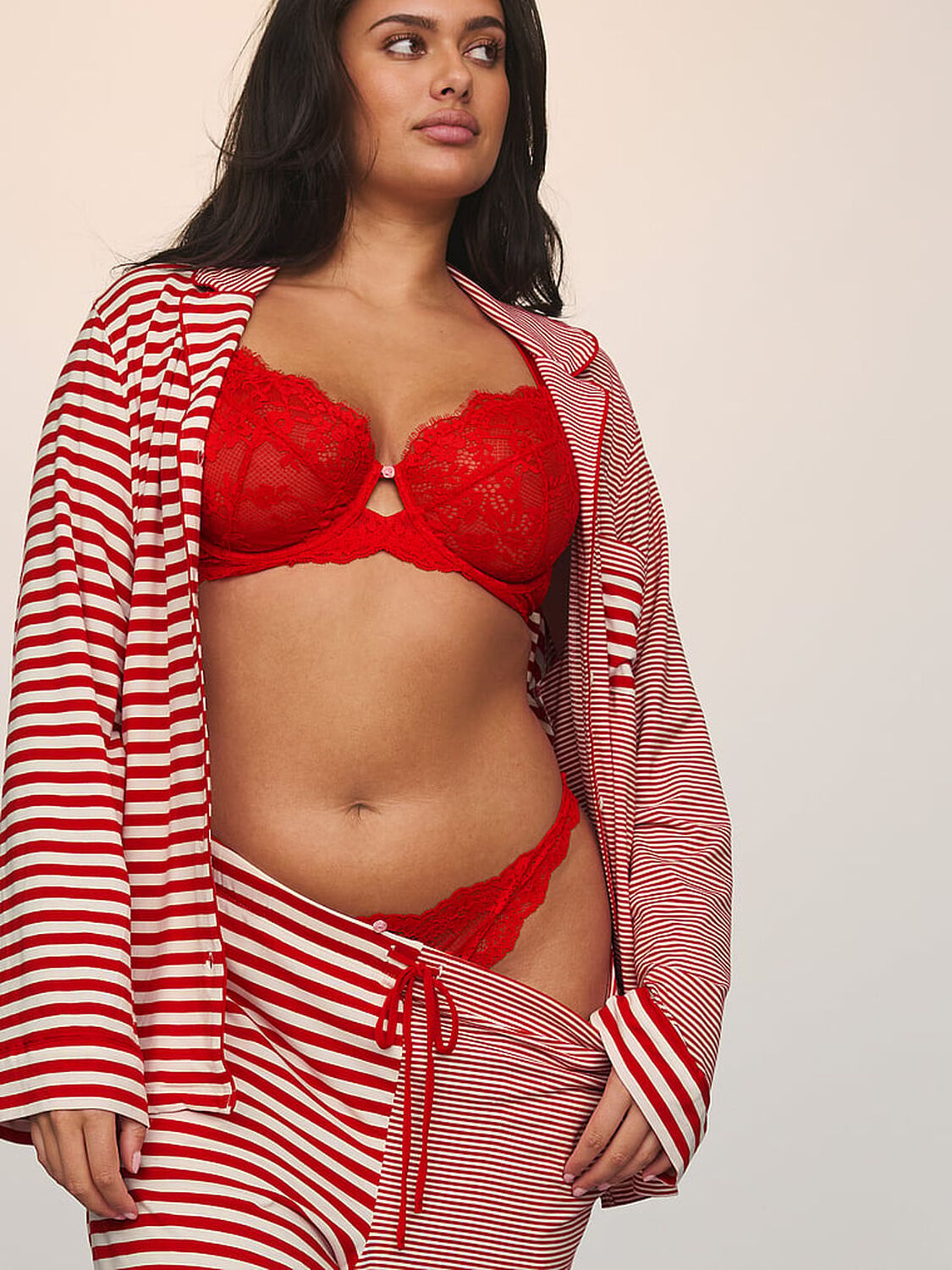 vs Victoria's Secret Modal Soft Long Pajama Set Lipstick/Coconut White Yd Stripe 3 of 3 