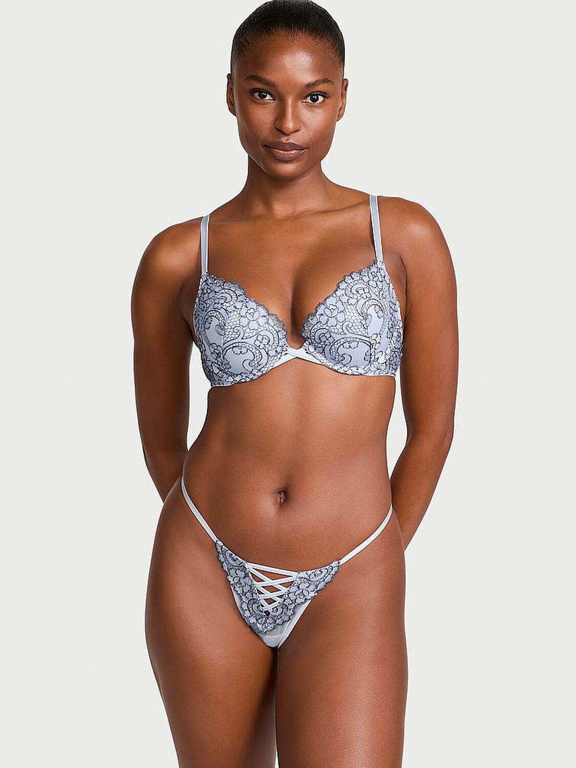 vs Dream Angels Boho Floral Embroidery Thong Panty Faded Denim 4 of 4 