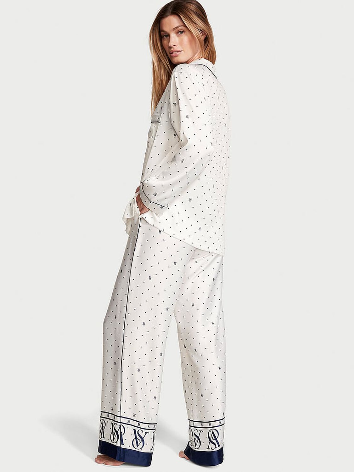 vs Victoria's Secret Satin Long Pajama Set Coconut White Dots 2 of 4 