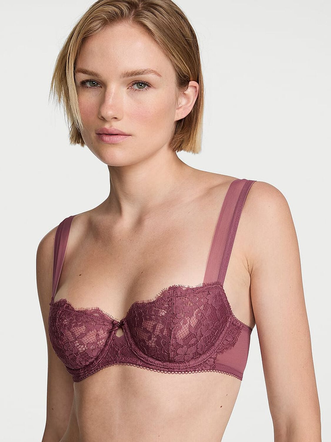 vs Dream Angels Wicked Unlined Lace Mesh-Trim Balconette Bra Morning Rose 1 of 3 