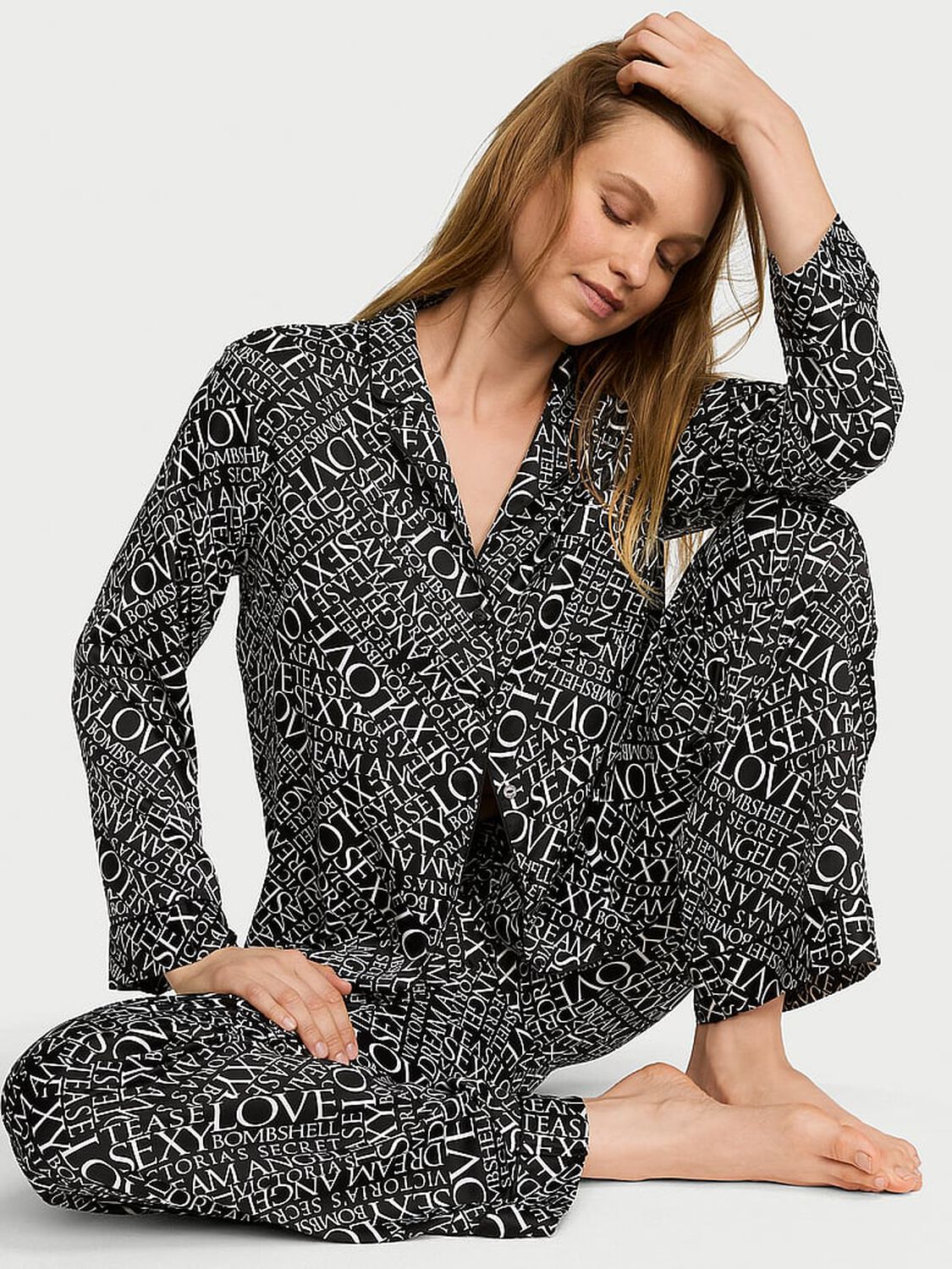 vs Victoria's Secret Signature Satin Long Pajama Set Black Glam Newspaper 1 of 3 