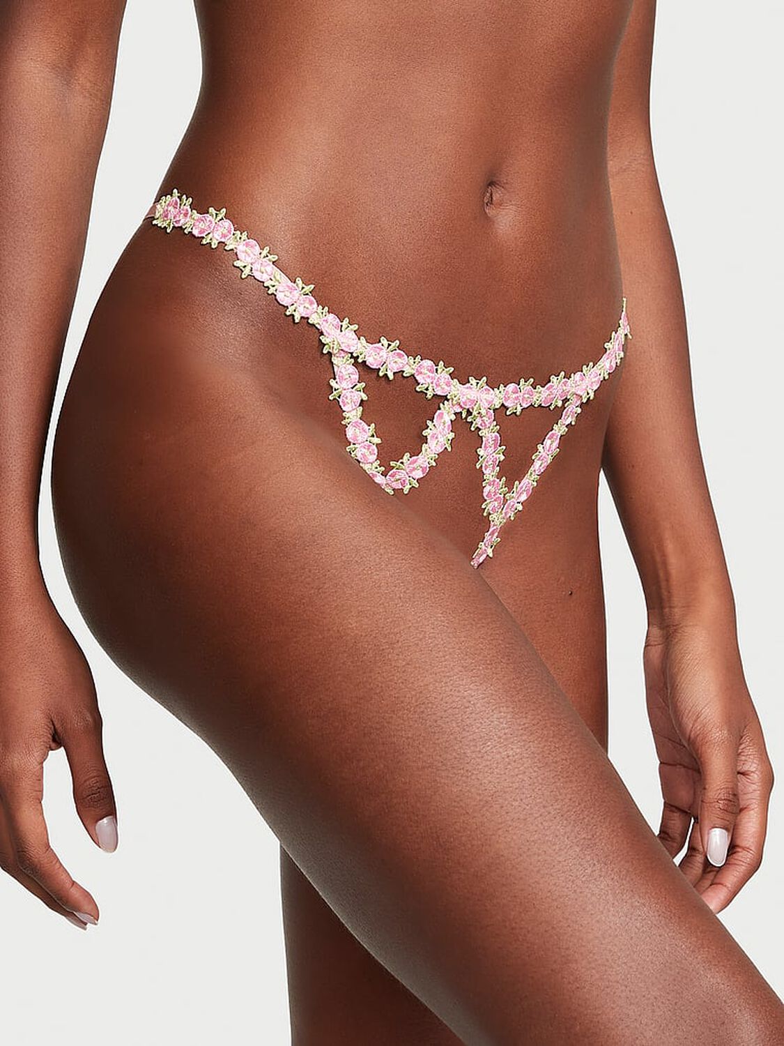vs Dream Angels Rosebud Embroidery Crotchless V-String Panty Pink Fizz 1 of 4 