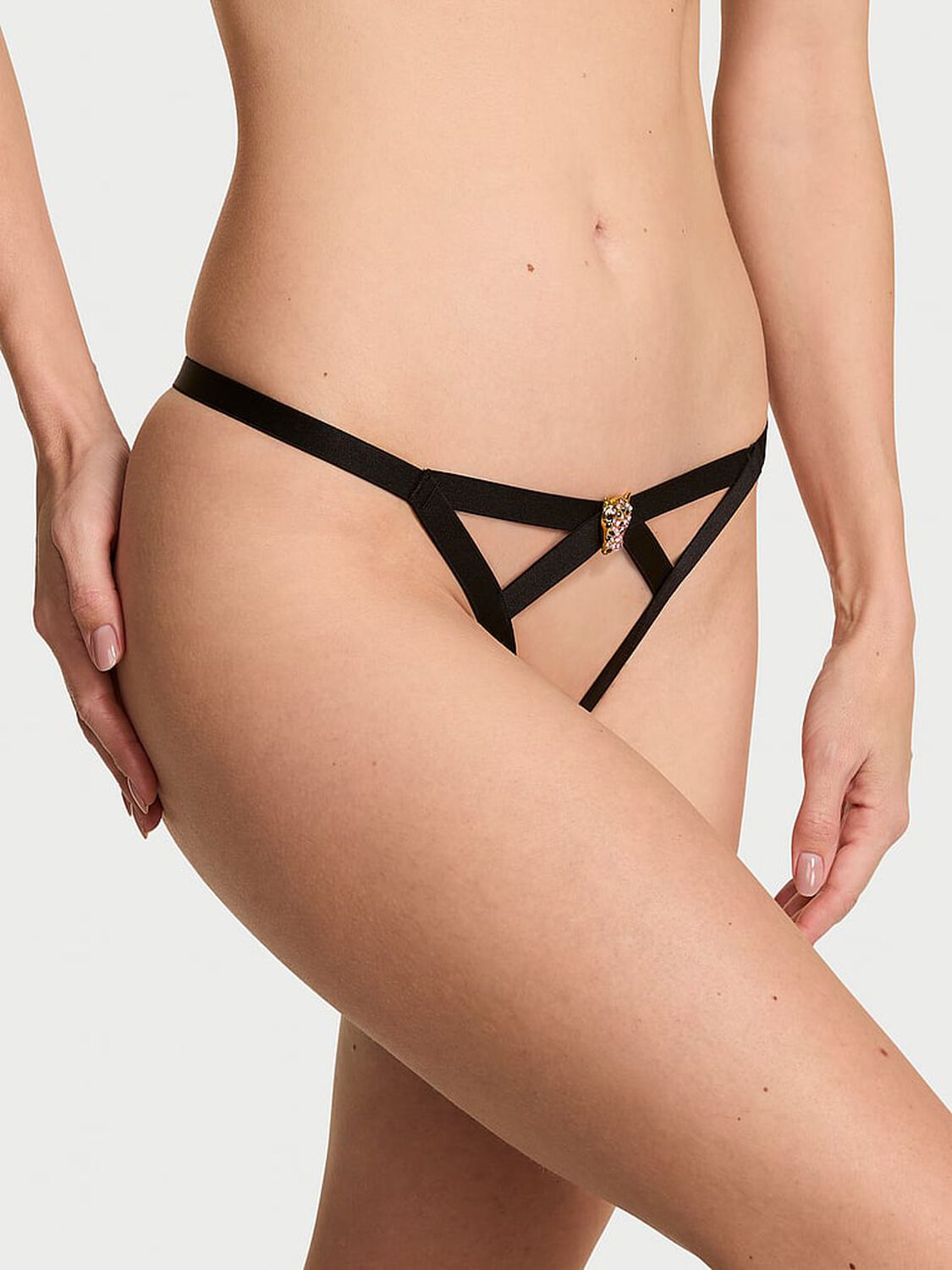 vs Very Sexy Shine Leo Hardware Strappy Crotchless V-String Panty Black 1 of 3 
