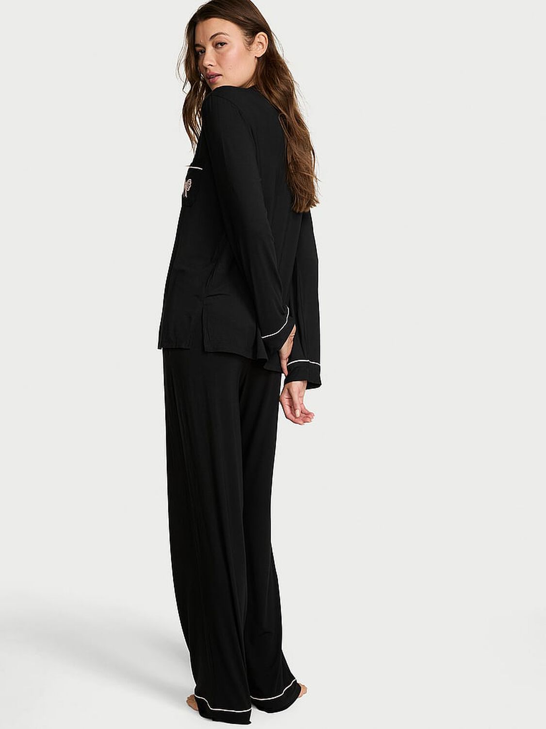 vs Victoria's Secret Modal Soft Bow Long Pajama Set Black W Angel Pink Bow 2 of 3 