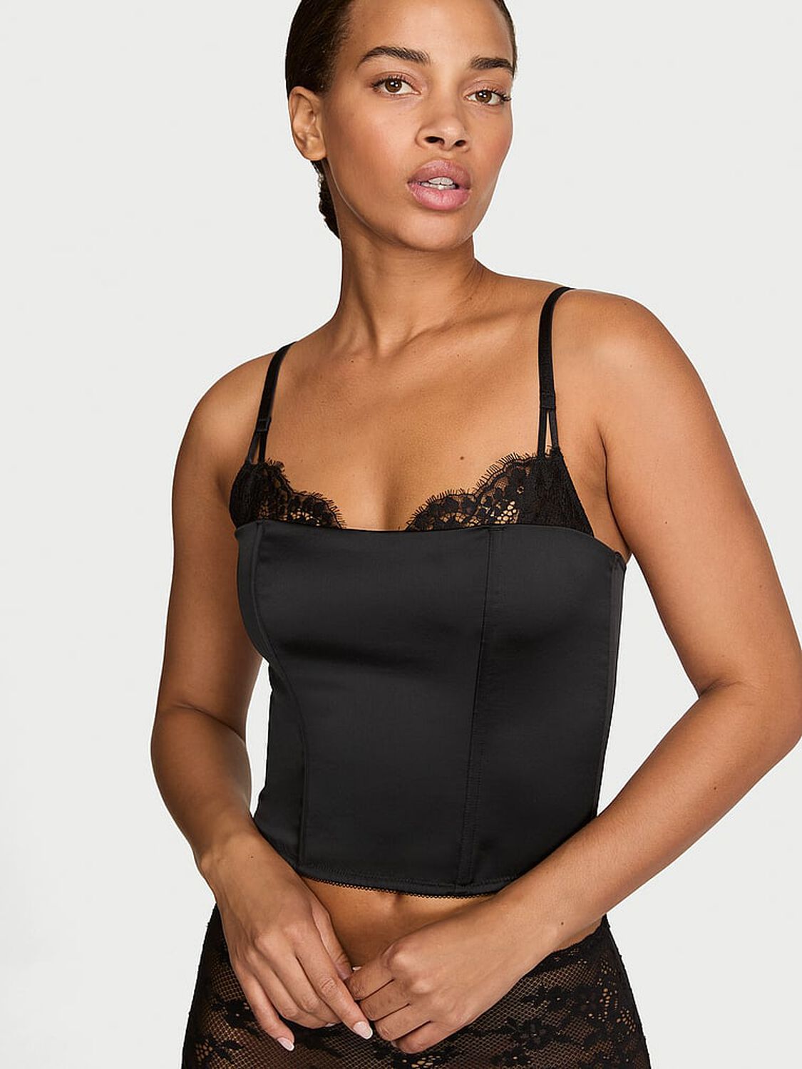 vs Dream Angels Satin Lace-Trim Corset Top Black 1 of 3 