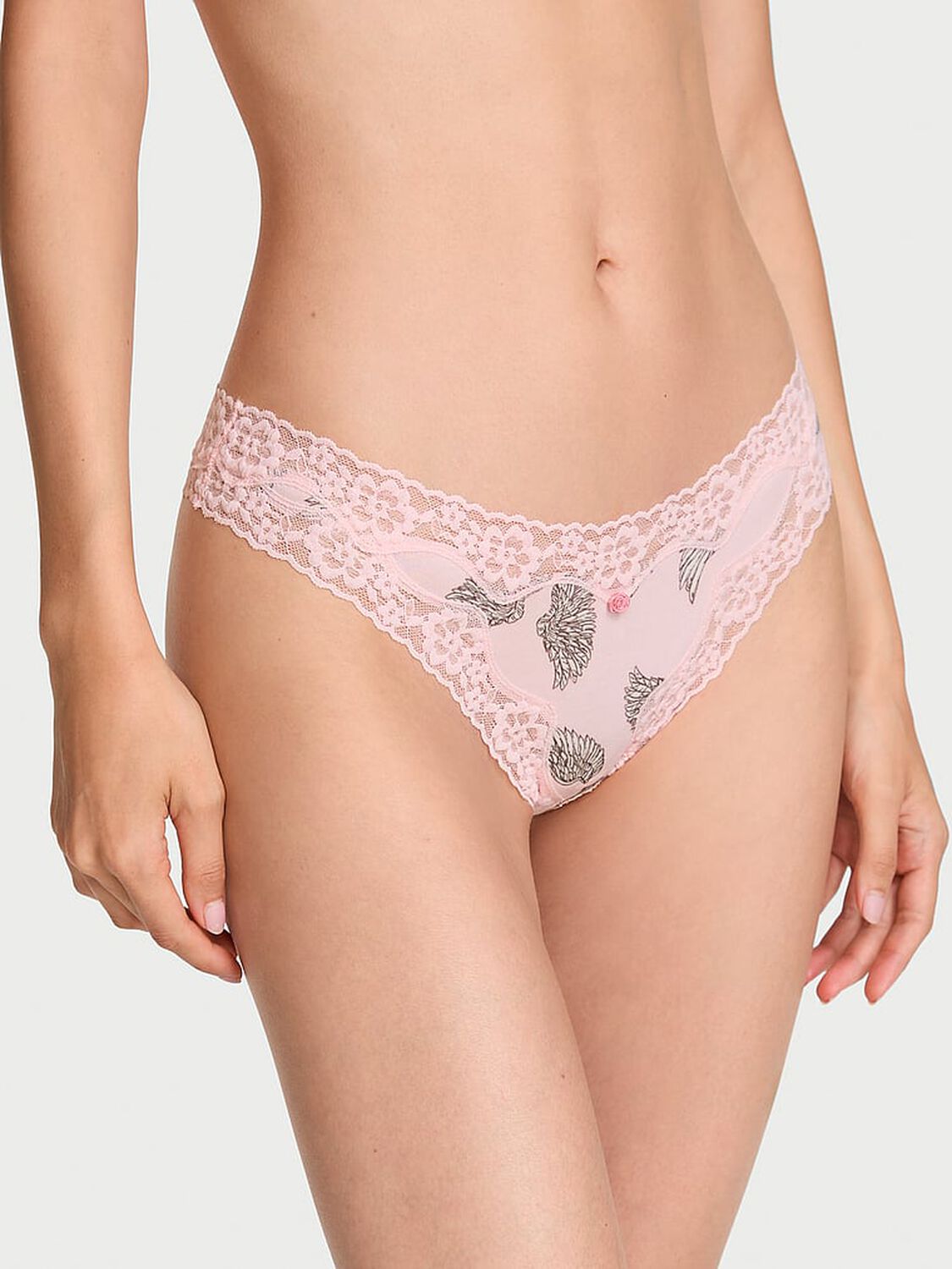 vs Lace Trim Cotton Lace-Waist Thong Panty Angel Pink Wings 1 of 3 