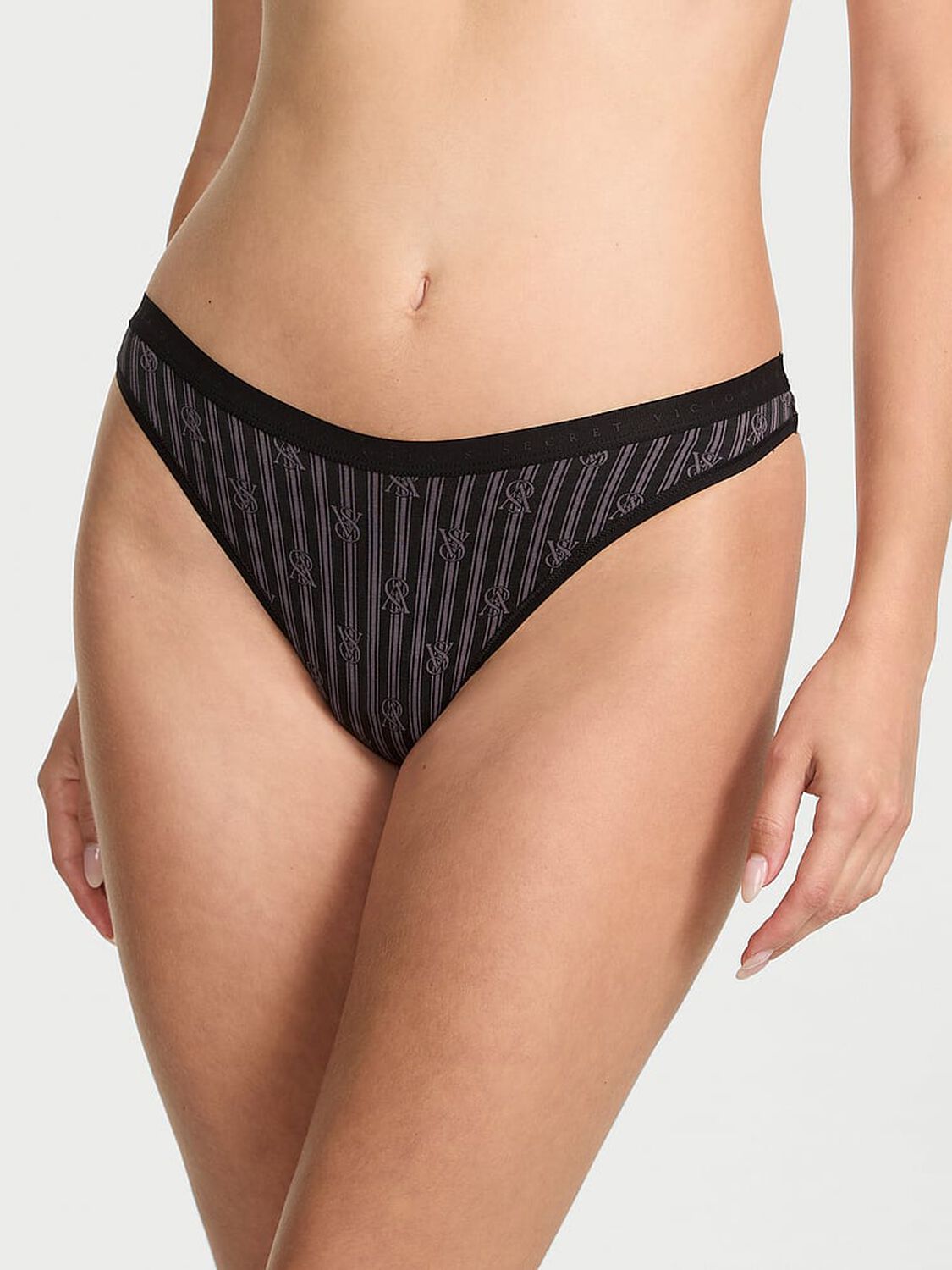 vs Victoria's Secret Stretch Cotton High-Leg Scoop Thong Panty Black Logo Stripes 1 of 3 