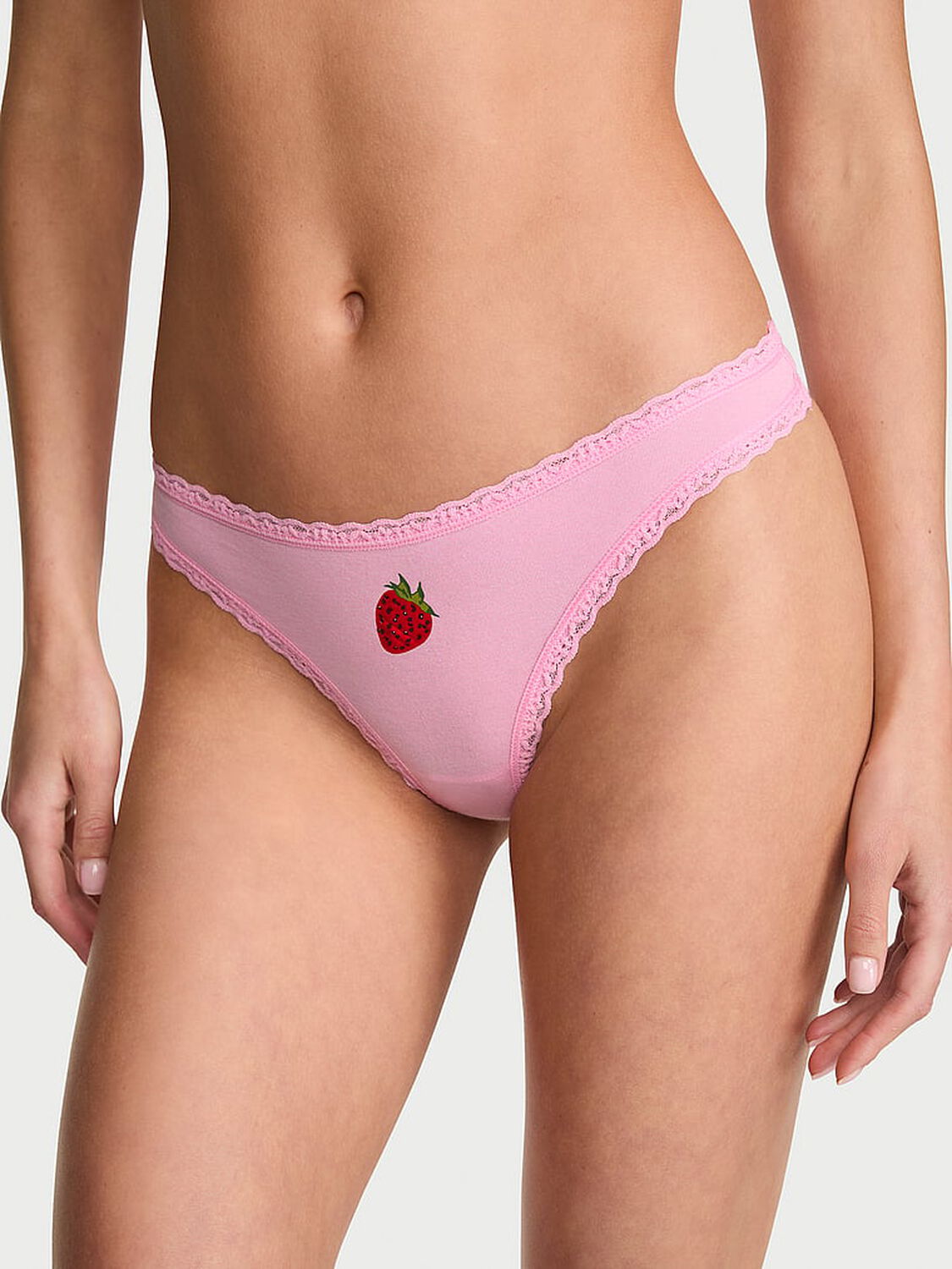 vs Lace Trim Cotton Lace-Waist Thong Cupid Pink Strawberry 1 of 3 