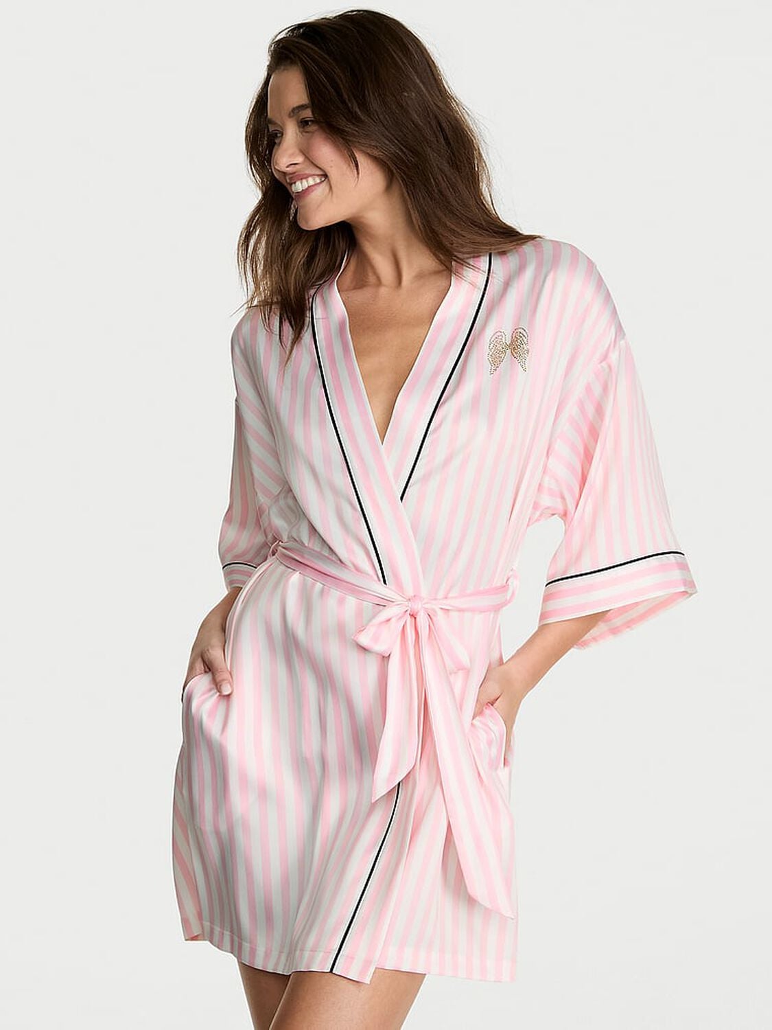 vs Victoria's Secret Signature Satin Short Piped Robe Iconic Stripe 1 of 3 