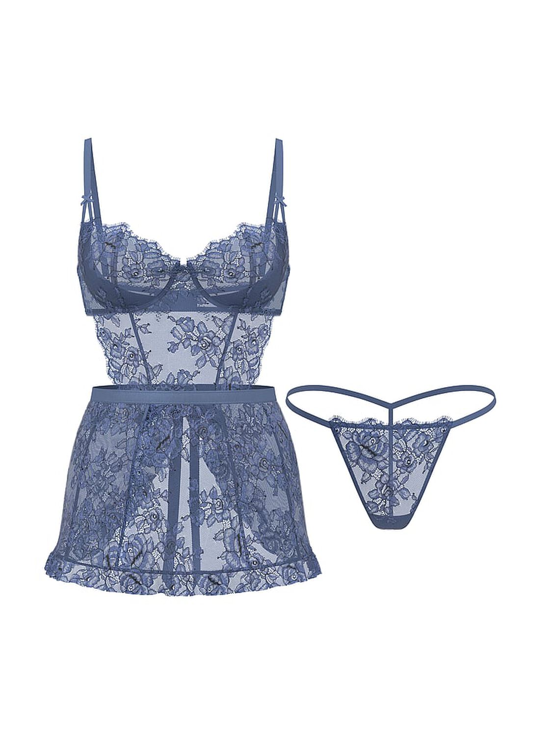 vs Very Sexy Wicked Unlined Denim Rose Lace Apron Set Denim Blue 3 of 3 