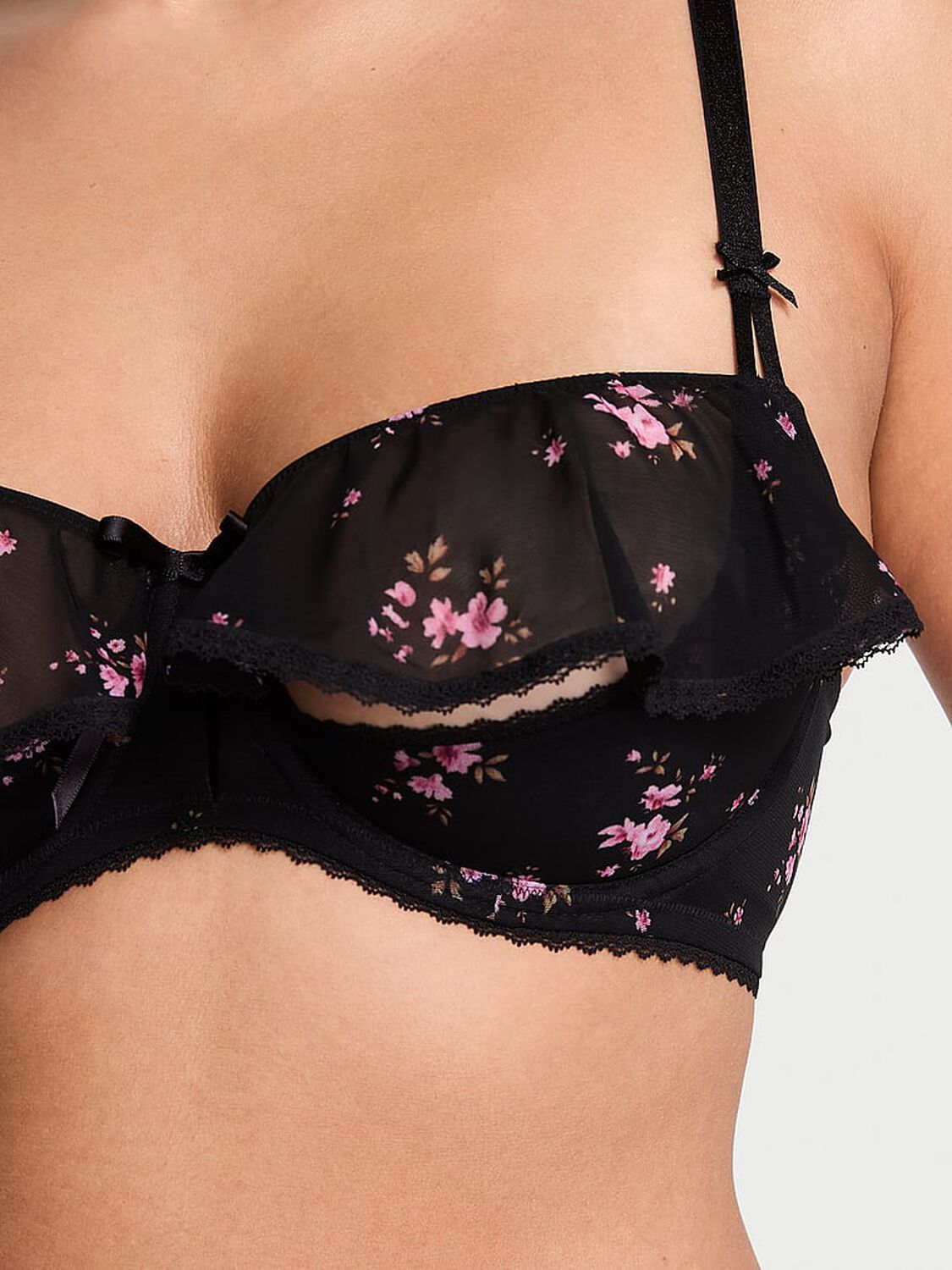 vs Dream Angels Wicked Unlined Sheer Flutter Open-Cup Balconette Bra Black Floral 5 of 5 